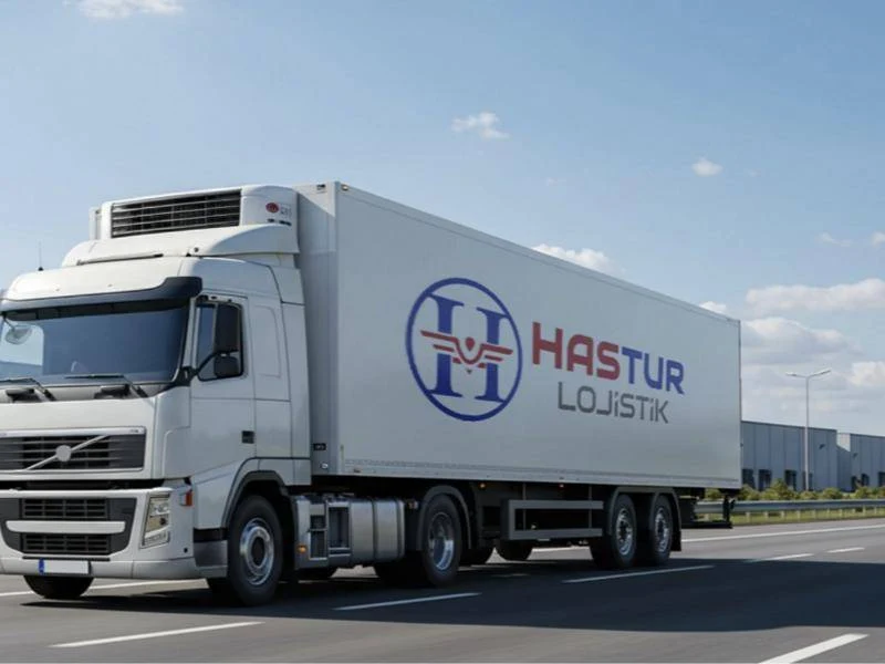 Hastur Lojistik logolu frigorifik tır yolda